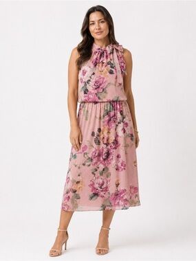 Jessica Howard Floral Chiffon Midi Dress Tie Neck Sleeveless Pink Shimmer 16 NWT